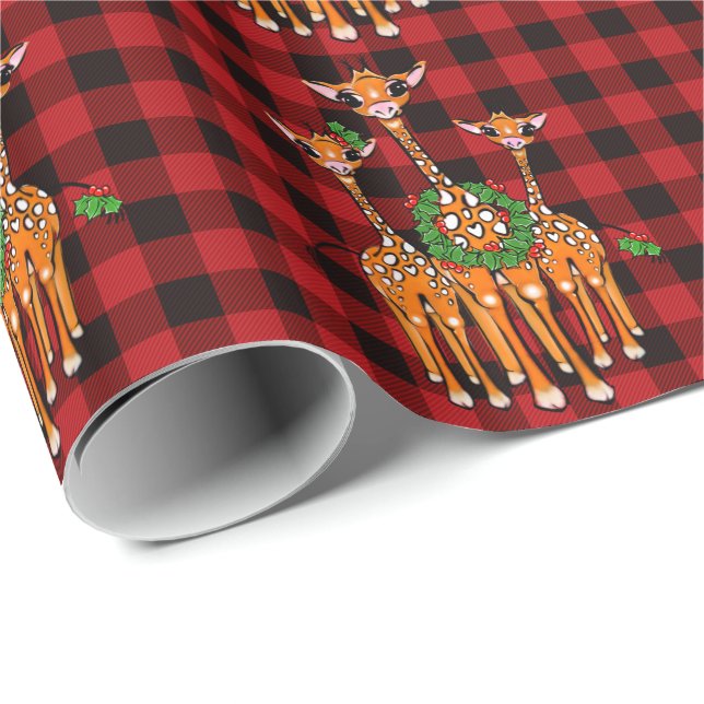 Helgdag Giraffes, holly garland, rödpladatartan Presentpapper (Rullad Hörn)