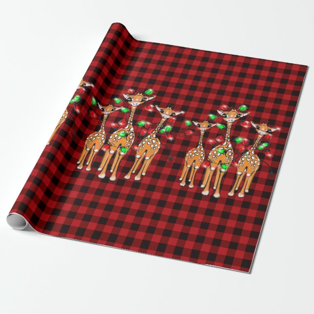 Helgdag Giraffes, twinkle red, grönt ljus, plaid Presentpapper (Utrullad)