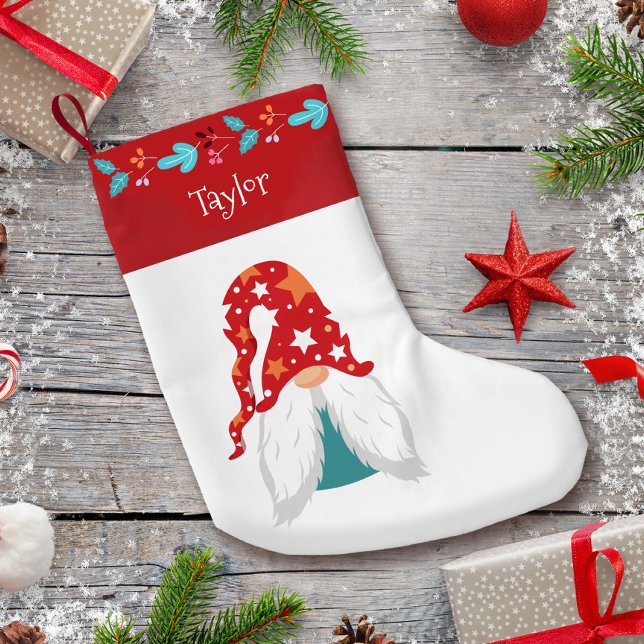 Helgdag Gnome Modern Red Löv Gräns Namn Cute Liten Julstrumpa (Skapare uppladdad)
