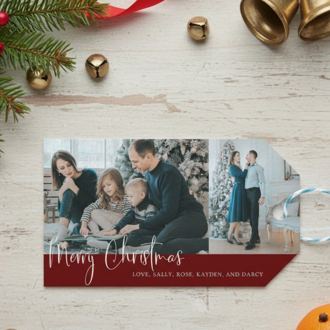 Helgdag God jul Script 2 Photo Collage Red Presentetikett (Skapare uppladdad)