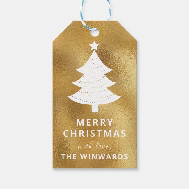 Helgdag Gold Foil & White Julgran Presentetikett (Framsidan)