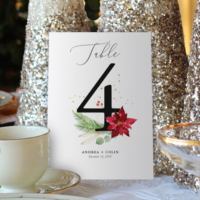 Helgdag Grey + Guld Watercolor Bordsnummer 4 (Botanical Christmas Wedding / Event Table Number | No. 4 (For all numbers, see Collection below))