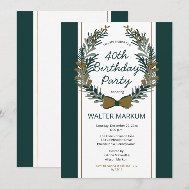 Helgdag Grey Wandedräkt 40 födelsedagar Party Inbjudningar (Fram/baksida)