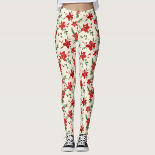 Helgdag Grönt Holly Red Blommigt jul Mönster Leggings