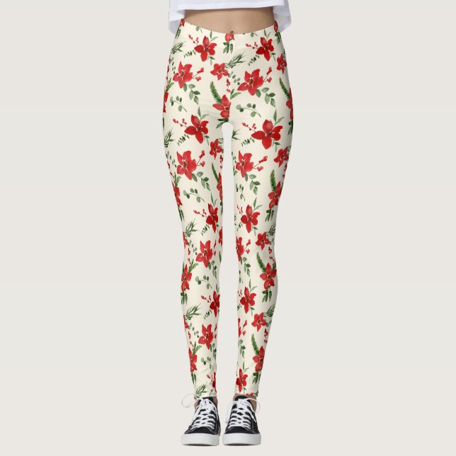 Helgdag Grönt Holly Red Blommigt jul Mönster Leggings (Framsida)