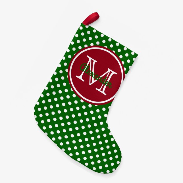Helgdag Grönt och Red Polka Dot Monogram Liten Julstrumpa (Framsidan (Hängande))