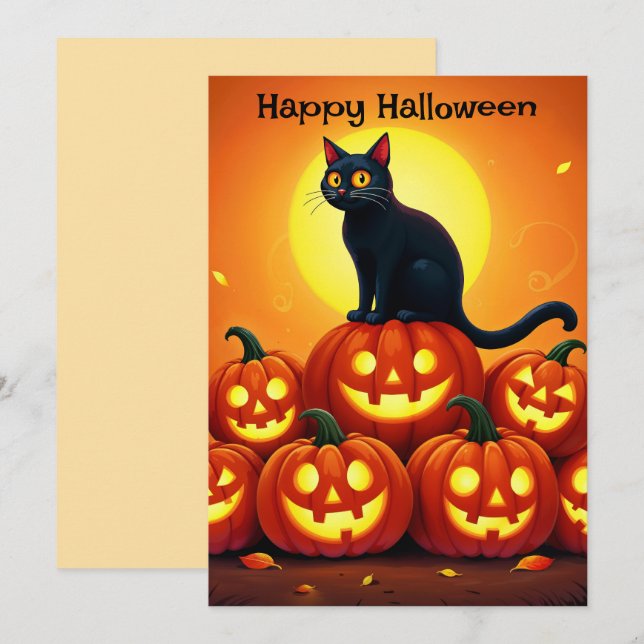 Helgdag Halloween-konst med katt och fullt Inbjudningar (Fram/baksida)