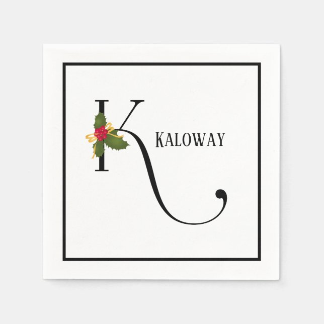 Helgdag Holly Monogram Brev K Personlig Papper Pappersservett (Framsidan)