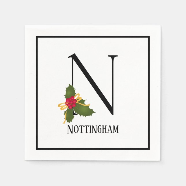 Helgdag Holly Monogram Brev N Personlig Papper Pappersservett (Framsidan)