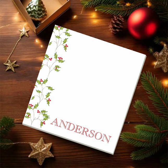 Helgdag Holly Note Pad Anteckningsblock (Christmas greenery personalized Holiday notepad)