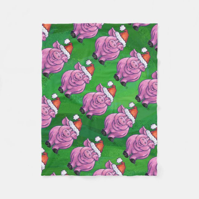 Helgdag i Gris i Santa Hat Mönster om Grönt Fleecefilt (Framsidan)