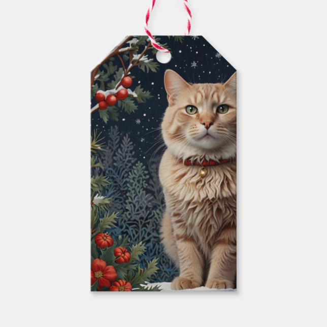 Helgdag i vintergröna i Cute jul kattunge Presentetikett (Framsidan)