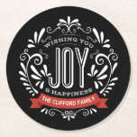 HELGDAG JOY CHALKBOARD PERSONLIG UNDERLÄGG PAPPER RUND<br><div class="desc">ÖNSKAR DU JOBBA: Ljus och gladlynnig schalkboard stil julprydnad med dekorativ typografi av svart och vit vintage och finare snurrar. Anpassa den med ditt namn eller din anpassningsbar. Klicka på Anpassa om du vill ändra bakgrunden till färg. Kan användas för festlig helgdag med vänner, grannar och familj. Gör också en...</div>