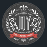 HELGDAG JOY ROUND CHALKBOARD STICKERS RUNT KLISTERMÄRKE<br><div class="desc">ÖNSKAR ATT DU JOBBAR: Ljusstark och munkavle i stil med retro-banderoll, vintage svart och vit typografi och finare-snurrar. Anpassa den här dekorativa ROUND-etiketten för helgdag med namn eller anpassningsbar för familjen. Contemporary, klassiskt, modernt och snyggt sätt att skicka semesterhälsningar till alla dina vänner och nära och kära med rustik och...</div>