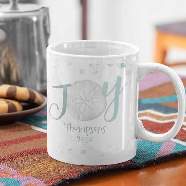 Helgdag Joy Typography Beach Sand Dollar Turcos Kaffemugg (Whimsical Joy typography customized mug)