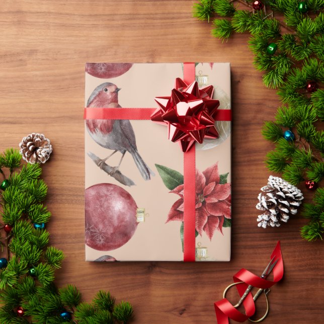 Helgdag Jul Birds Poinsettias Ornaments Julafton Presentpapper (Julgåva)