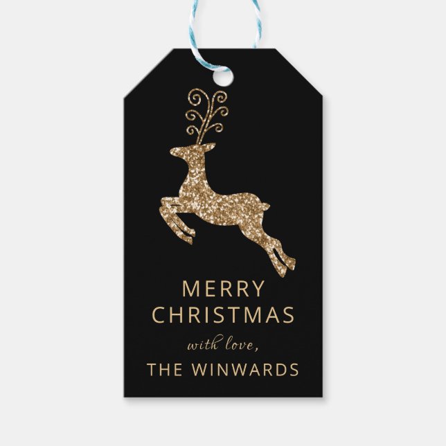 Helgdag jul Black och Guld Glitter Reindeer Presentetikett (Framsidan)