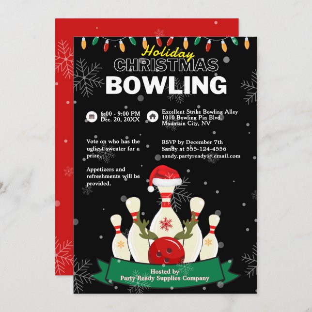 Helgdag jul Bowling Black och Red Snö Party Inbjudningar (Fram/baksida)