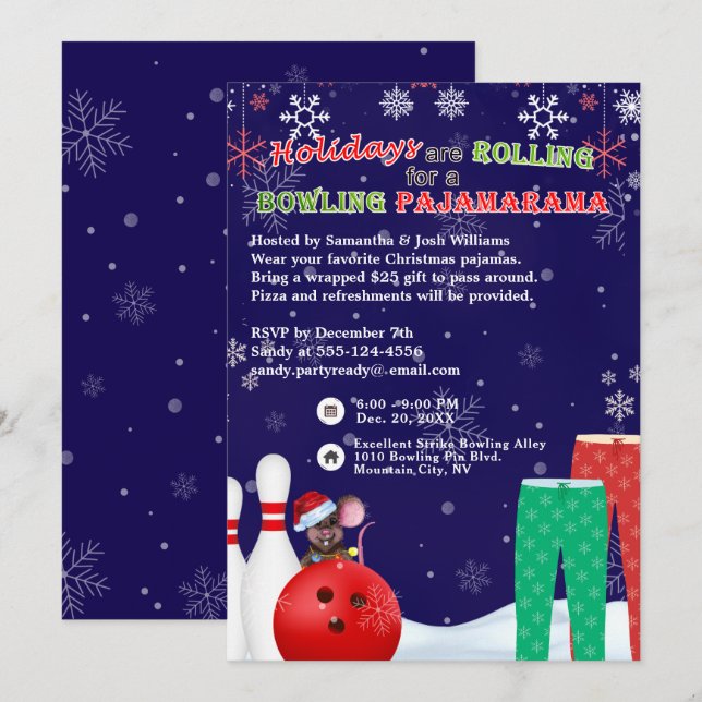 Helgdag jul Bowling Pajama Pizza Party Blue Inbjudningar (Fram/baksida)