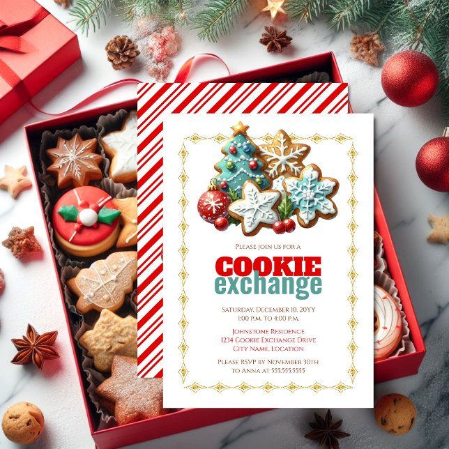 Helgdag jul Cookie Exchange Party Inbjudningar (Holiday Christmas Cookie Exchange party invitation front and back view.)