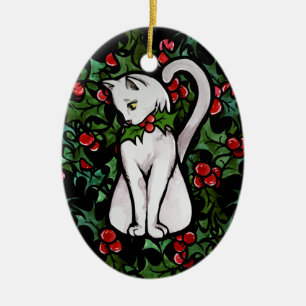 Helgdag jul Holly White Cat Julgransprydnad Keramik