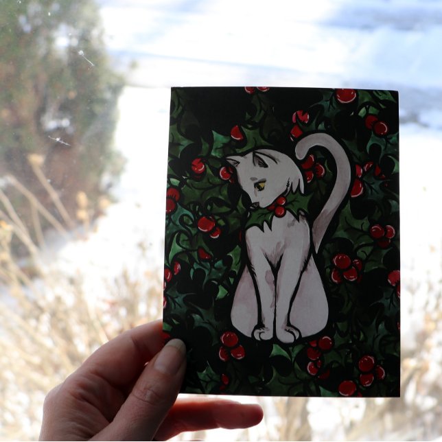 Helgdag jul Holly White Cat Kort (Skapare uppladdad)
