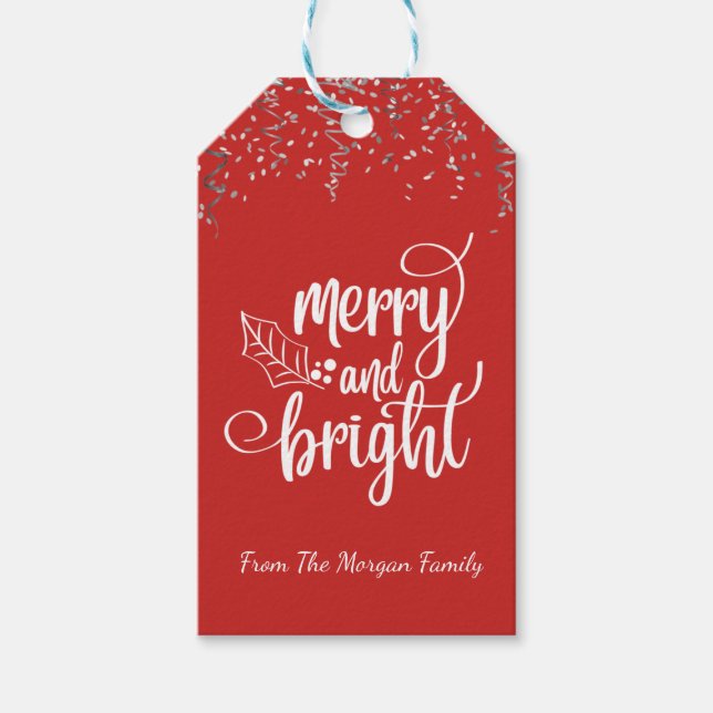 Helgdag jul, konfetti, rött, nyans och ljus presentetikett (Framsidan)