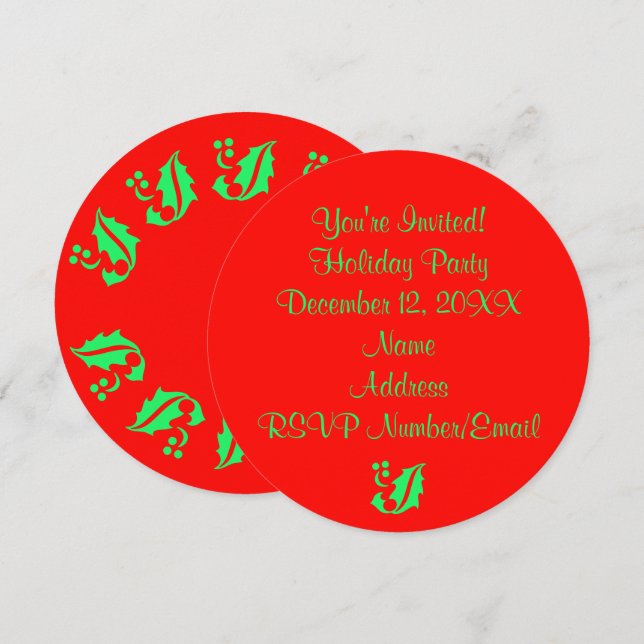 Helgdag jul Party Holly Round Red 4Jane Inbjudningar (Fram/baksida)
