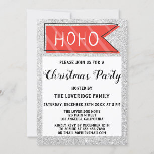 Helgdag jul Party Red & Grått Silver Glitter Inbjudningar
