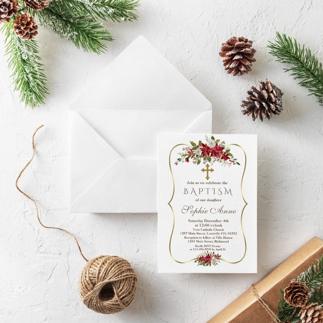 Helgdag Jul Red White Poinsettia Baptism Inbjudningar (Skapare uppladdad)