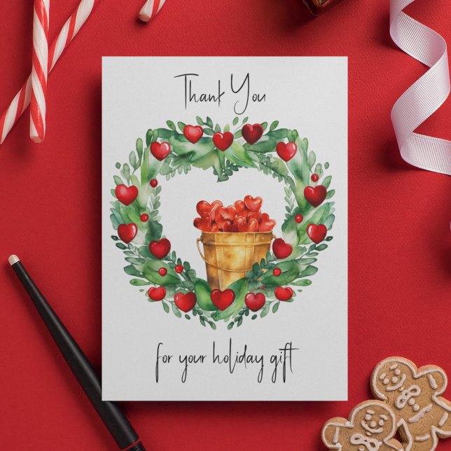 Helgdag Julandedräkt med hjärtarnas hack Julkort (Holiday Wreath and Christmas Thank You Cards.  Customize this thank you card on front and back. )