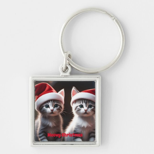 Helgdag Kitten Keychain Fyrkantig Silverfärgad Nyckelring (Framsidan)