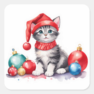 🎨 Helgdag Kitten spelar med julprydnader Fyrkantigt Klistermärke