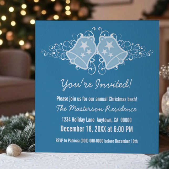 Helgdag Klockor och Swirls Inbjudan, Blue Inbjudningar (Blue Holiday Bells and Swirls Christmas Party Invitation)
