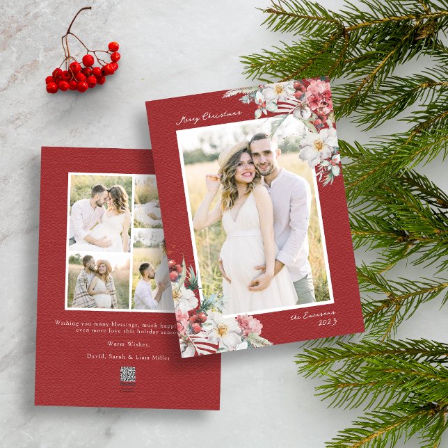 Helgdag-kort för elegantens fotopatsamling julkort (Red Merry Christmas Photo Collage Holiday Card with Elegant Watercolor Botanical Florals Berries)