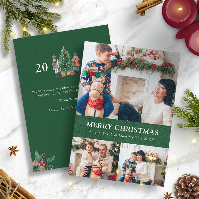 Helgdag-kort för gröntens fotopatsamling julkort (Nutcracker Green Christmas Photo Collage Holiday Card)
