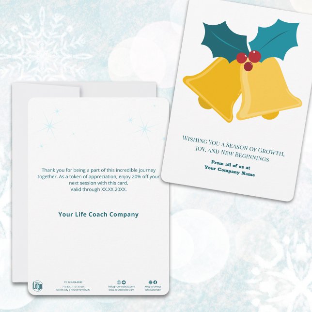 Helgdag-kort för julafton Klockor & Bay Löv (Festive Christmas Bells & Bay Leaves Holiday Card, Seasonal Business Greetings)