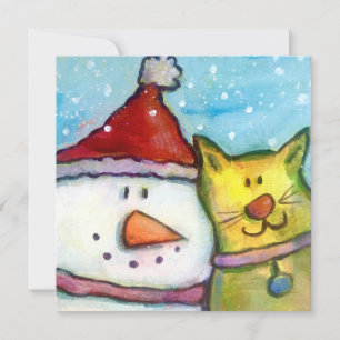 Helgdag-kort för snögubbe och katt julkort