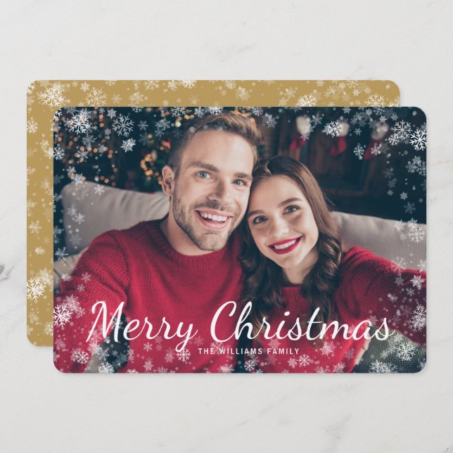 Helgdag-kortet Snö God jul Photo Guld (Fram/baksida)