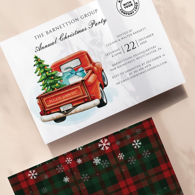 Helgdag Logotyp Party Inbjudningar (Annual Company Christmas Party Invitation featuring plaid and snowflakes )