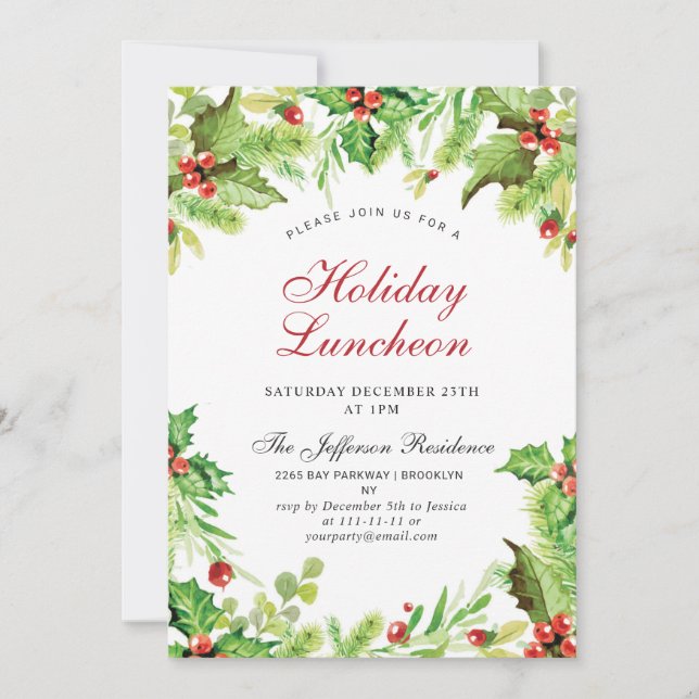 Helgdag Luncheon Red Holly Berry jul Inbjudningar (Framsida)