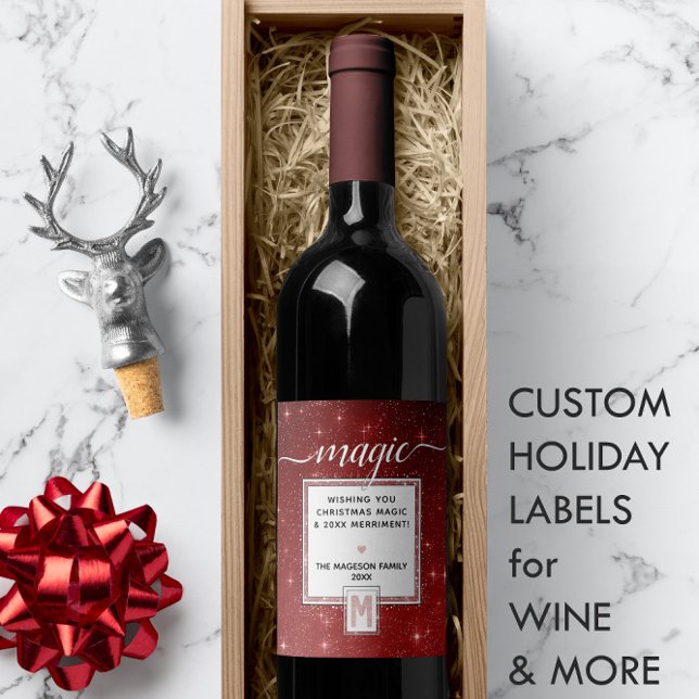 Helgdag MAGIC Burgundy  Watercolor Monogram Vinflaska Etikett (Holiday MAGIC Burgundy Blush Watercolor Monogram Wine Label 🍷
)