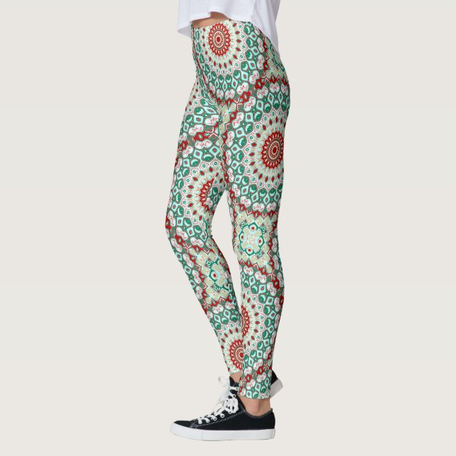 Helgdag Mandala i Röd, Grönt och Vintervit Leggings (Vänster)