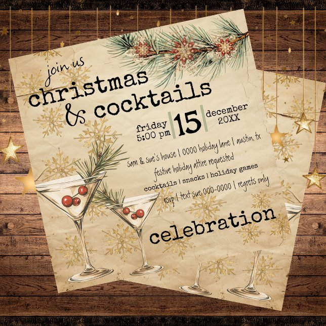 Helgdag Martinis Rustic Gräs och Snöflingor Party Inbjudningar (Christmas cocktails - rustic customizable party invitation with martinis and berries and pine)