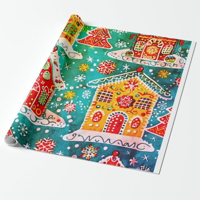 Helgdag med brödhus och snöflingor presentpapper (Utrullad)