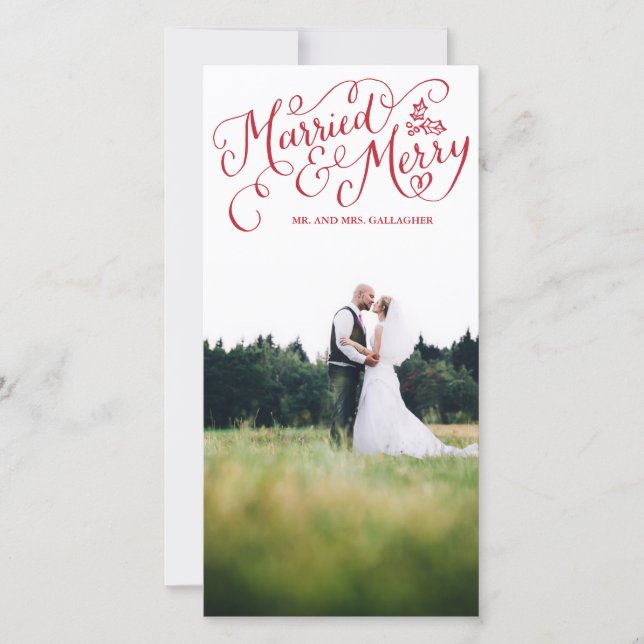 Helgdag med gift och merry Red Hand Lettered Julkort (Framsida)