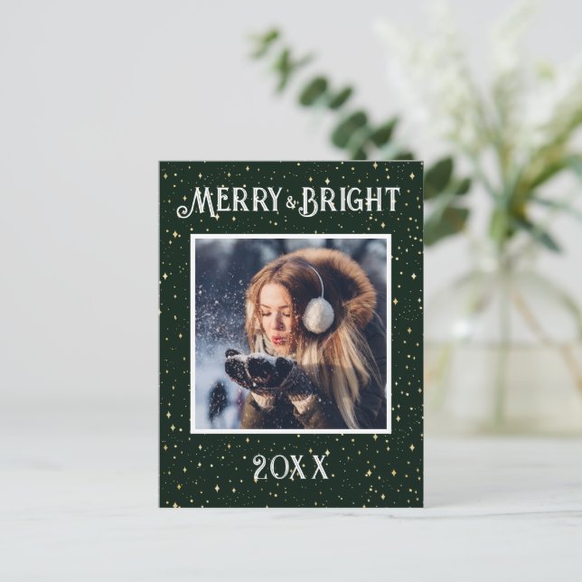 Helgdag Merry & Bright Photo Grönt Starlight Helg Vykort (Stående Fram)