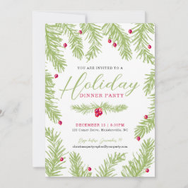 Helgdag middag party grönt  fir röd berry christma inbjudningar