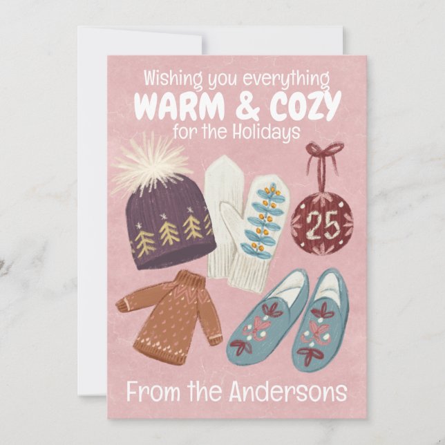 Helgdag mjuk, varm och mysiga sticka-julen hälsnin julkort (Framsida)