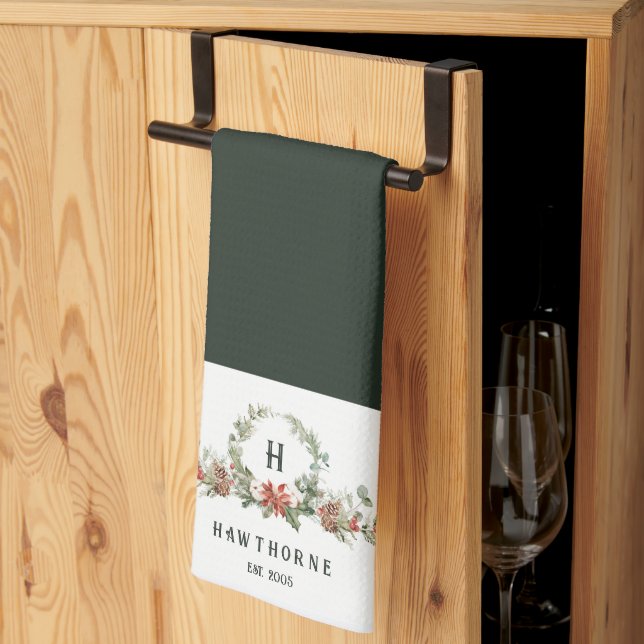 Helgdag Monogram Jul Boughs Kökshandduk (Thirds Fold)